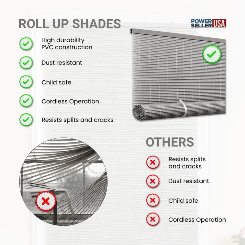 PowerSellerUSA Oval Cordless Blinds, Roll-Up Roller Shades for Windows and